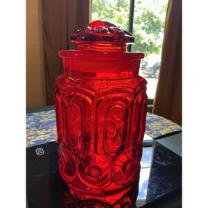 LE Smith Moon and Star Amberina Red Glass Canister Jar Cadmium Vintage As IS